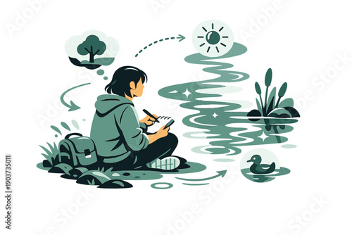 River and reflection. Person sitting by a calm river, sketchbook or camera in hand, reflecting on surroundings. Soft