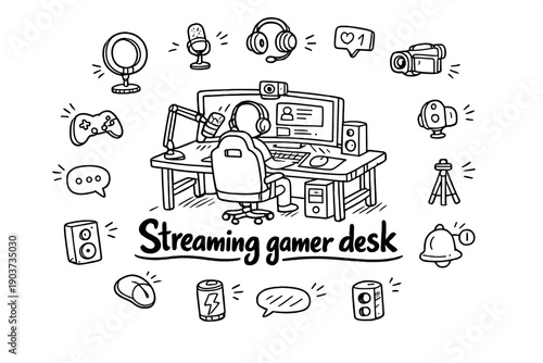 Streaming gamer desk. Hand-drawn doodle illustration of Streaming gamer desk. In the middle, one slightly larger central