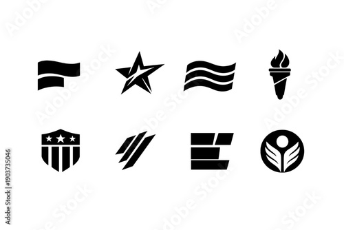 Modern patriotic abstraction. Filled icon set of Modern patriotic abstraction: minimal flag form, abstract star, dynamic