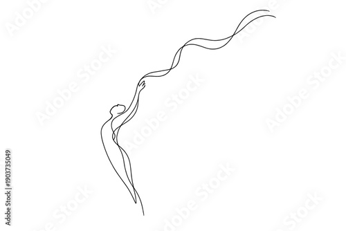 Silhouette of Liberation. Inner freedom. Minimalistic one-line drawing abstract human silhouette releasing a flowing