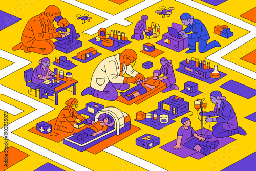 Modern flat illustration, modern character illustration, editorial cyberpunk medical style, minimalist designer poster