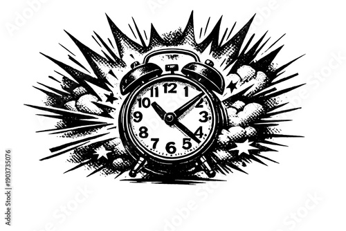 High-contrast black and white halftone illustration of an old-fashioned alarm clock erupting with graphic energy, motion