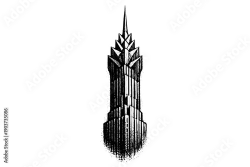 Art deco skyscraper spire rising vertically into darkness, geometric crown emphasized as a symbol of modernity and