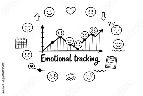 Emotional tracking. Hand-drawn doodle illustration of Emotional tracking. In the middle, one slightly larger central