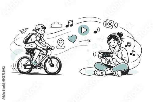 Relaxed weekend vibes. A person cycling, listening to music, or playing games as icons and curves gently orbit the scene