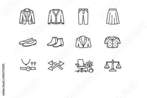 Business Casual Style. Line outline icon set of Business Casual Style: smart casual outfit, cardigan sweater, chinos