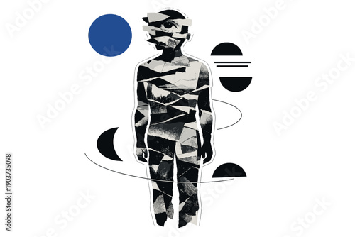 Fragmented Dream Figure. A standing dreamlike figure composed of fragmented layers, head and torso broken into