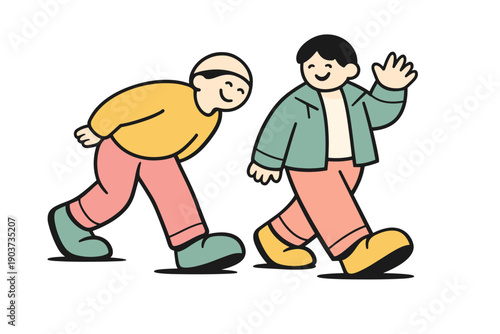 Modern flat illustration of quiet joyful moments, stylized characters smiling while walking together, one person leaning