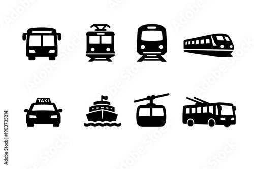 tion preventPublic Transport. Filled icon set of Public Transport: bus, tram, subway train, commuter train, taxi, ferry,