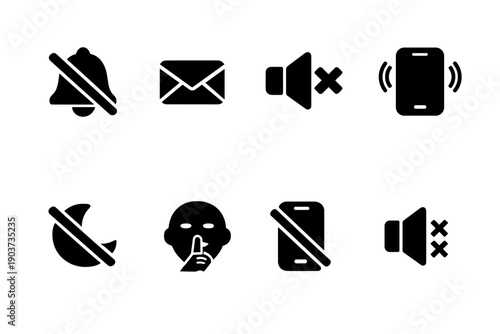 Silent mode. Filled icon set of Silent mode: silent bell, mute notification, no sound alert, vibration mode, do not