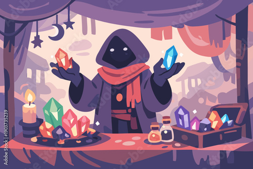 This scene shows a quiet corner of the market where a mysterious vendor offers glowing crystals, modern flat character