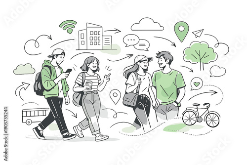 Urban daily life scene. Young characters walking, chatting, and scrolling on smartphones, abstract city elements