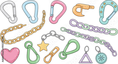 Pastel Carabiner and Metal Chain Vector Set, Colorful Keychain Clips, Heart and Star Charms