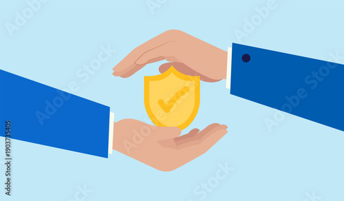 Hands protecting security shield with checkmark