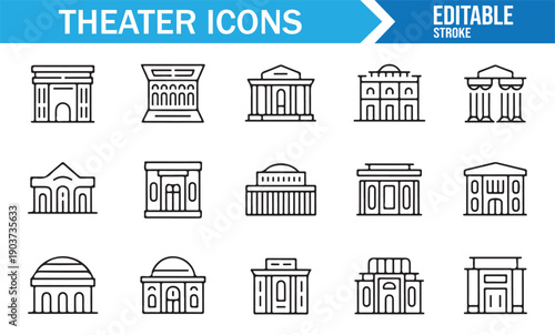 Theater Facade Editable Line Icon Set