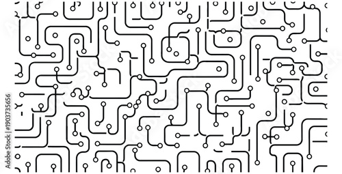 Abstract black and white seamless pattern depicting interconnected electronic circuit board traces and connection points forming a complex digital technology background design