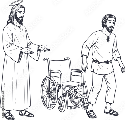 hand drawn illustration of jesus performing a miracle on a man who leaves his wheelchair, vector art with black fill and no white fills