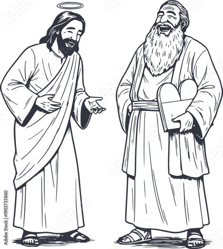 hand drawn illustration of jesus and moses laughing and talking. the image consists of black fills only with no white fills included, perfect for high quality graphic design