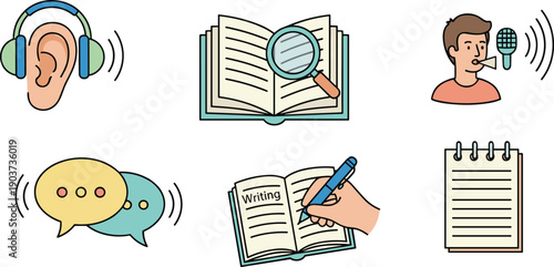English Language Skills Vector Collection with Reading Writing Listening and Speaking Activities for Students