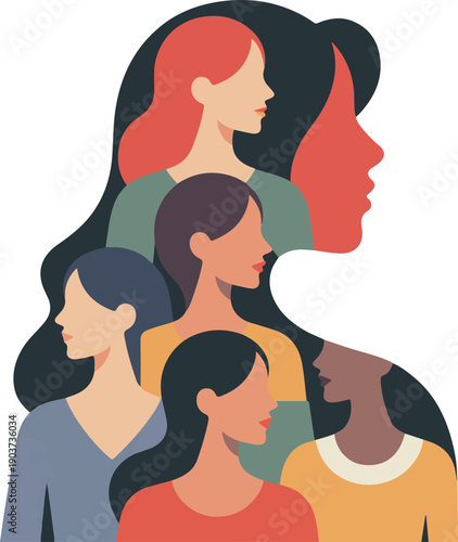 Diverse group of women faces in profile vector illustration art