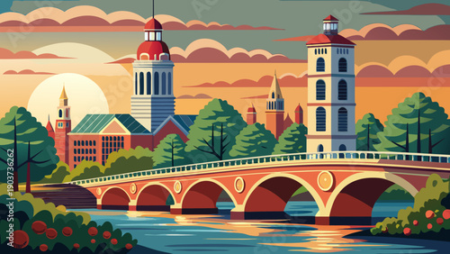 Very beautiful view of the historic John W. Weeks Bridge with clock tower spanning the Charles River, connecting Harvard University campus and reflecting timeless academic elegance in Boston, Massachu