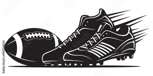 Speeding American Football and Cleats Silhouette, Dynamic Motion Graphics, Black and White Vector