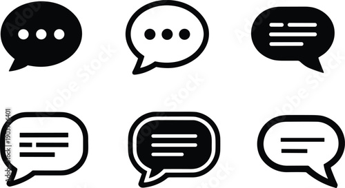 Chat bubble icon set in black and white style with message dots and text lines, communication speech symbol collection for messaging, dialog, support, and social media design.