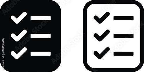 Checklist icon set in black and white style with check marks and list lines, task management symbol collection for to do list, planning, and productivity design.
