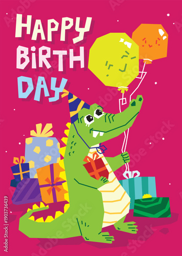 Cute Crocodile Birthday Party with Balloons Vector