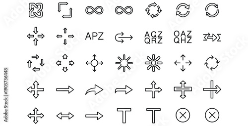 Collection of monochrome line art icons featuring various directional arrows refresh symbols infinity shapes and interface elements for navigation design