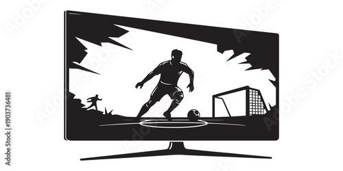 Soccer Game on TV Screen Silhouette, Dynamic Play Display, Black and White Vector
