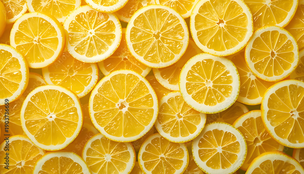 Obraz premium Fresh Lemon Slices Pattern, Vibrant Overhead View, Citrus Texture