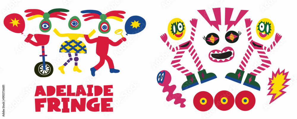 Fototapeta premium A colorful vector graphic illustration of Adelaide Fringe characters in a playful and vibrant design