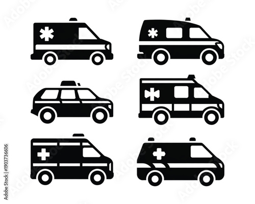 group of emergency ambulance vehicle icons illustrating medical rescue transport and urgent patient transfer transportation types