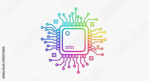 Vibrant Rainbow Gradient Microchip Icon Representing Advanced Digital Technology and Innovation