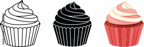 Collection of cupcake icons in outline silhouette and full color perfect for baking websites dessert menus or party invitations