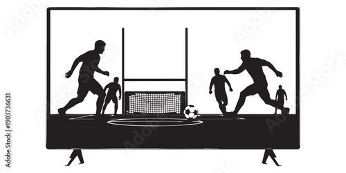 Soccer Match Broadcast on TV Silhouette, Action Packed Scene, Black and White Vector