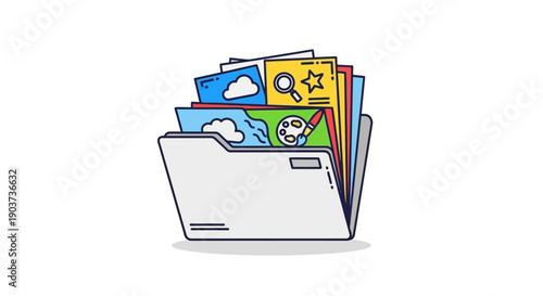 Organized digital file folder icon showcasing various multimedia documents and creative content
