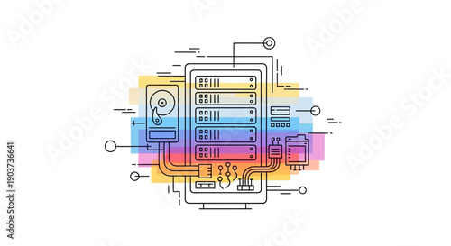 Modern server rack and data center infrastructure with colorful abstract elements representing