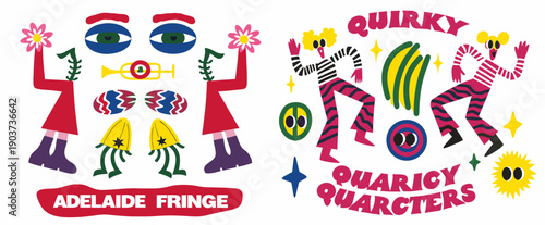 A colorful vector graphic illustration of quirky characters and logos for Adelaide Fringe and Quirky Quarcters