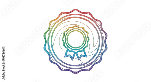 Colorful hand-drawn emblem badge icon representing quality and achievement with a vibrant rainbow