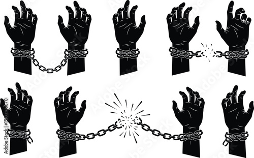 Chained,hands,breaking,free,freedom,escape,prisoner,liberation,protest,resistance,restriction,release,power,strength,solidarity,black,white,silhouette,vector,illustration
