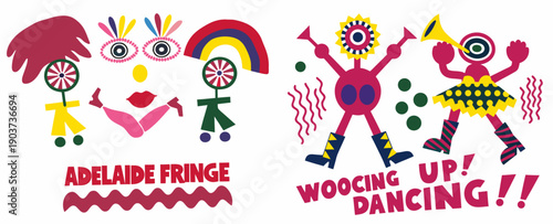 A colorful vector graphic illustration of dancing figures and abstract designs for a festival or event promotion