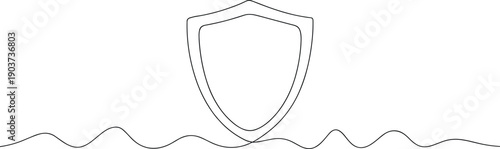 Continuous one line drawing of shield protection symbol above wave line, minimalist security and safety concept illustration for defense, privacy, insurance, and cyber protection design.