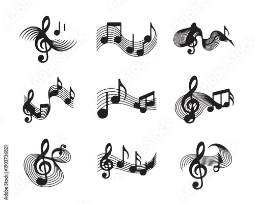 Set of musical notes and treble clef icons for melody creation concept art isolated on transparent background for creative design projects elements