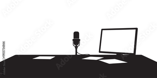 Sports Broadcast Desk: Computer, Microphone, and Papers Silhouette on a Table