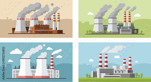Industrial Power Plant and Factory Vector Illustration Set with Cooling Towers and Smoking Chimneys for Energy Production, Manufacturing Industry, and Environmental Impact Graphics