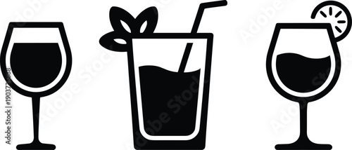 Drink glass icon set with cocktail, juice, and wine silhouettes in black style, beverage symbol collection for bar menu, restaurant design, and party branding.