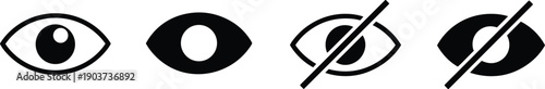 Eye view and hidden icon set in black and white style with open and crossed eye symbols, visibility concept for UI, privacy, and security design.