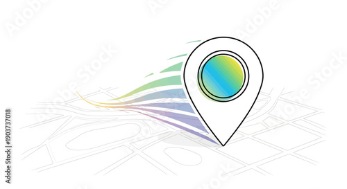 Dynamic map pin location illustration with colorful flow over a minimalist urban map design